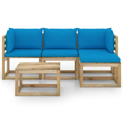 5 pcs conjunto lounge de jardim c/ almofadões azuis