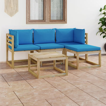 5 pcs conjunto lounge de jardim c/ almofadões azuis