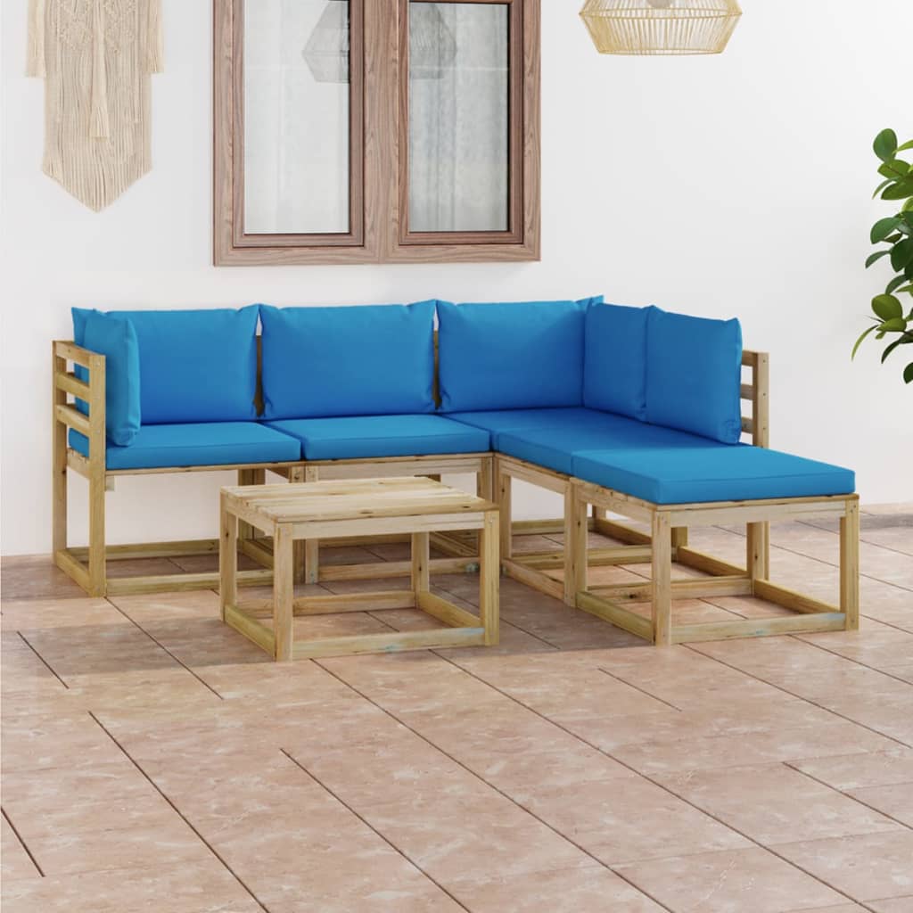 6 pcs conjunto lounge de jardim c/ almofadões azuis