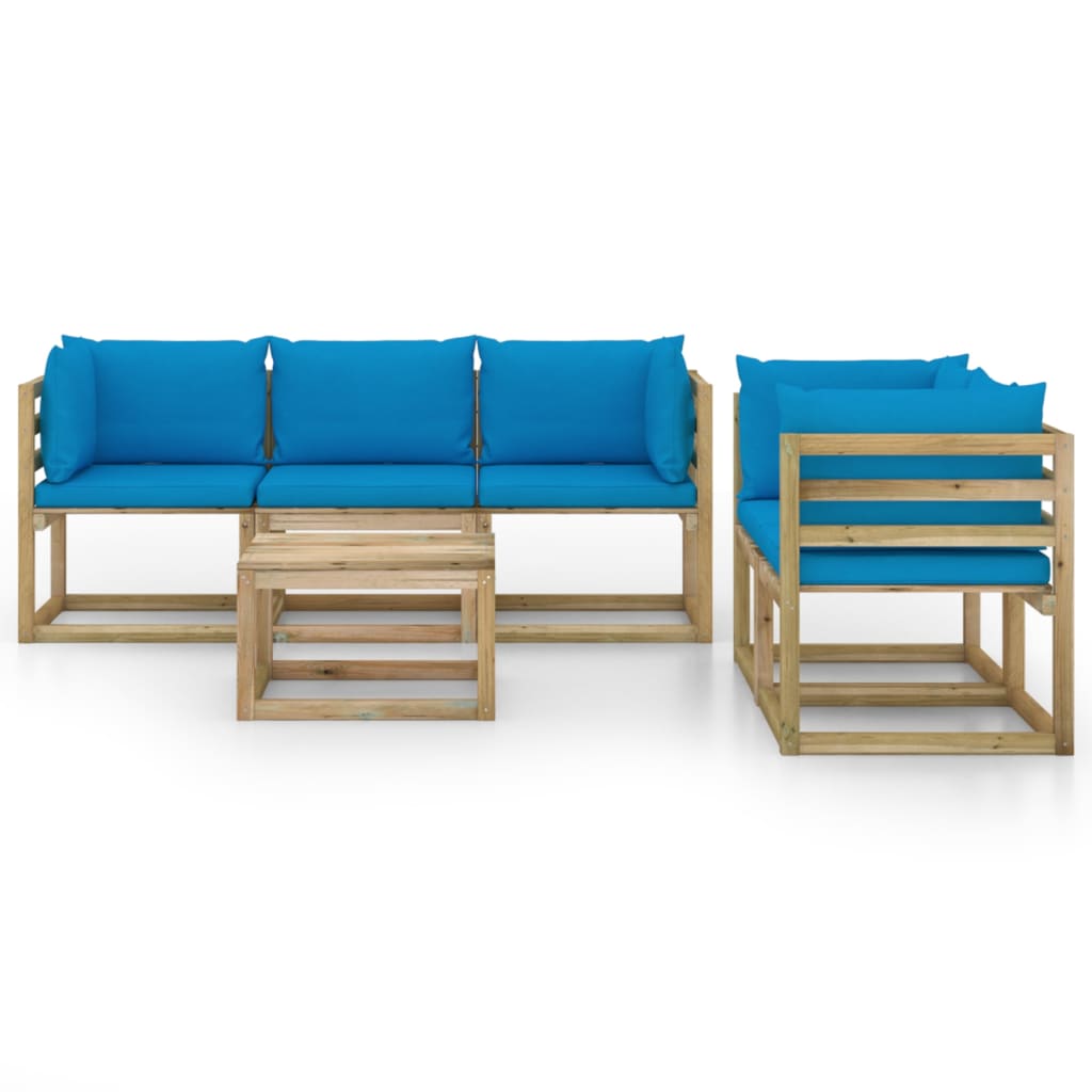 6 pcs conjunto lounge de jardim c/ almofadões azuis