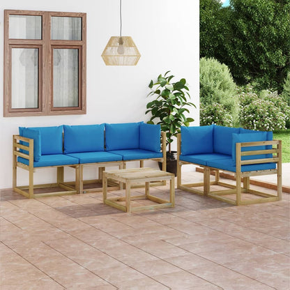 6 pcs conjunto lounge de jardim c/ almofadões azuis