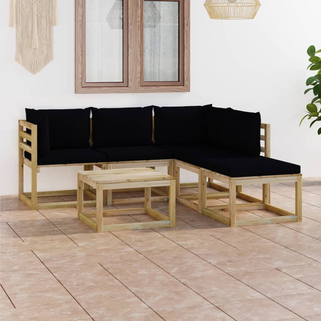 6 pcs conjunto lounge de jardim c/ almofadões pretos