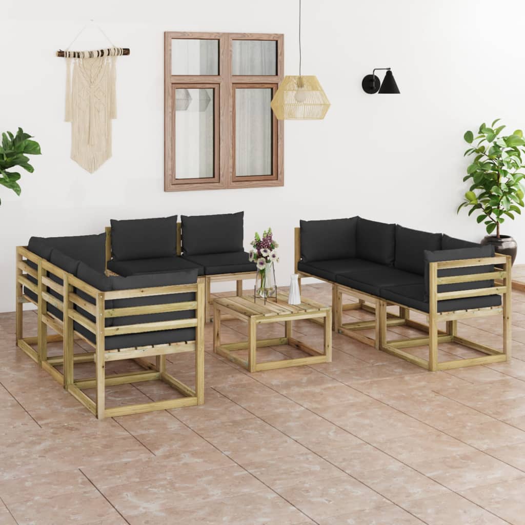 Conj. lounge de jardim 9 pcs com almofadões pinho impregnado