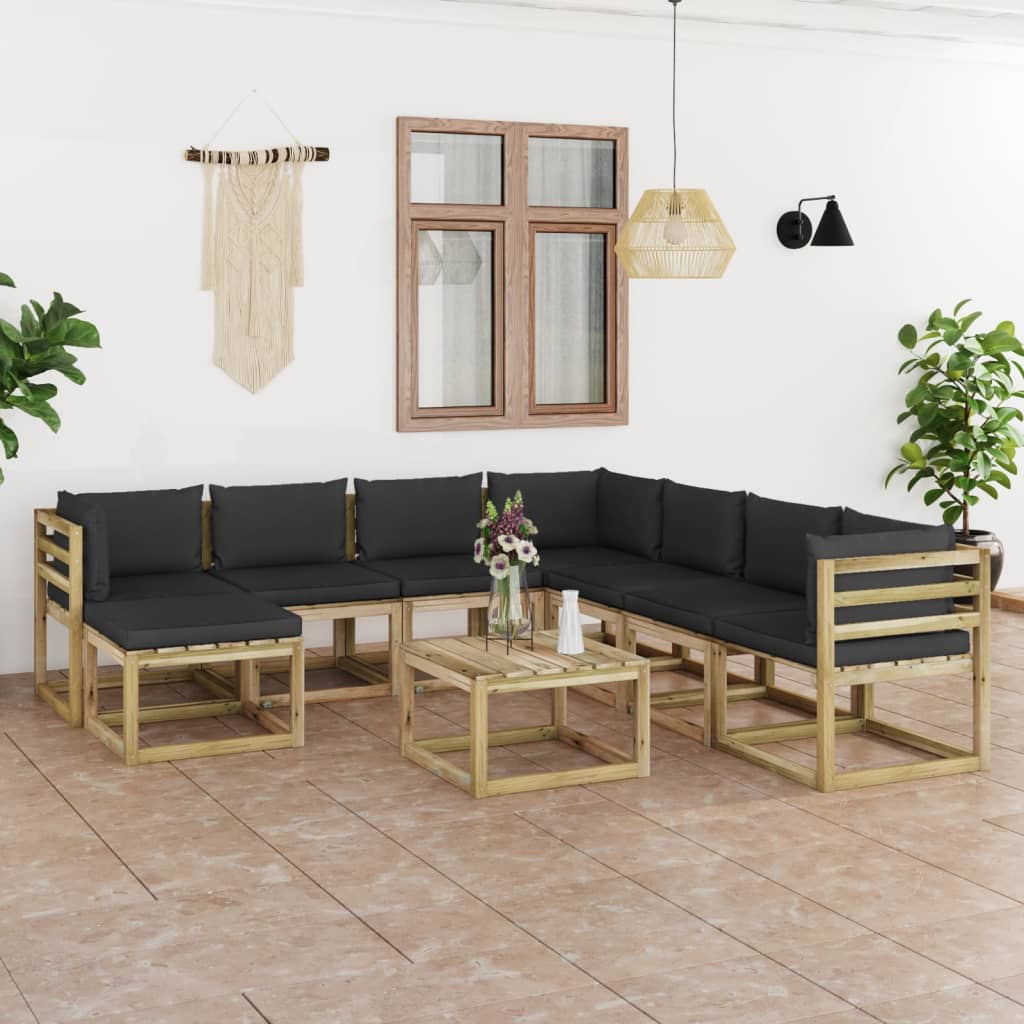 Conj. lounge de jardim 9 pcs com almofadões pinho impregnado