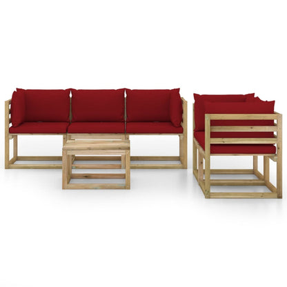 6 pcs conjunto lounge de jardim c/ almofadões vermelho tinto