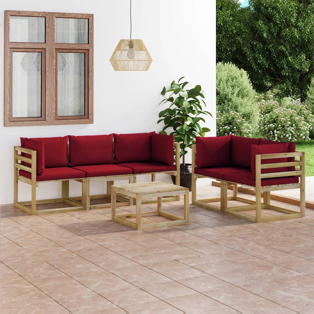 6 pcs conjunto lounge de jardim c/ almofadões vermelho tinto