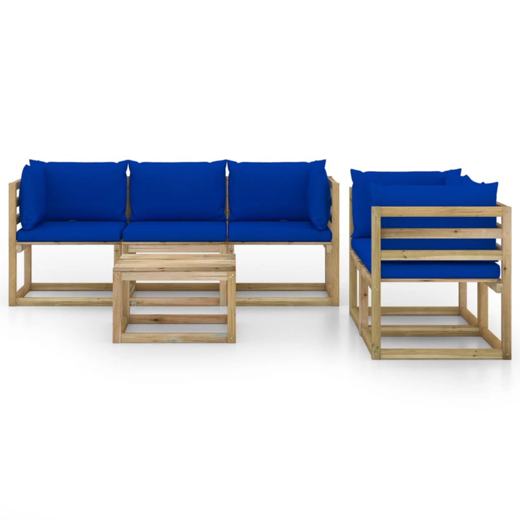 6 pcs conjunto lounge de jardim c/ almofadões azuis