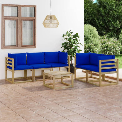 6 pcs conjunto lounge de jardim c/ almofadões azuis