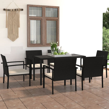 7 pcs conjunto de jantar para jardim vime PE preto