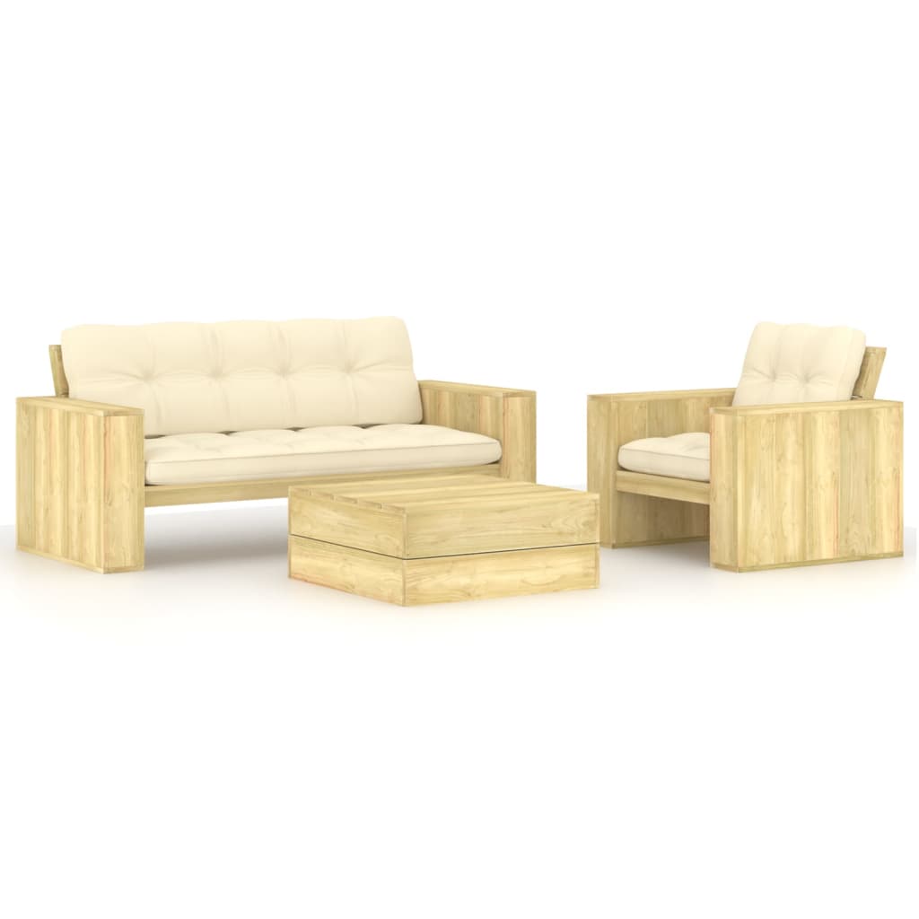 3 pcs conjunto lounge de jardim com almofadões pinho impregnado