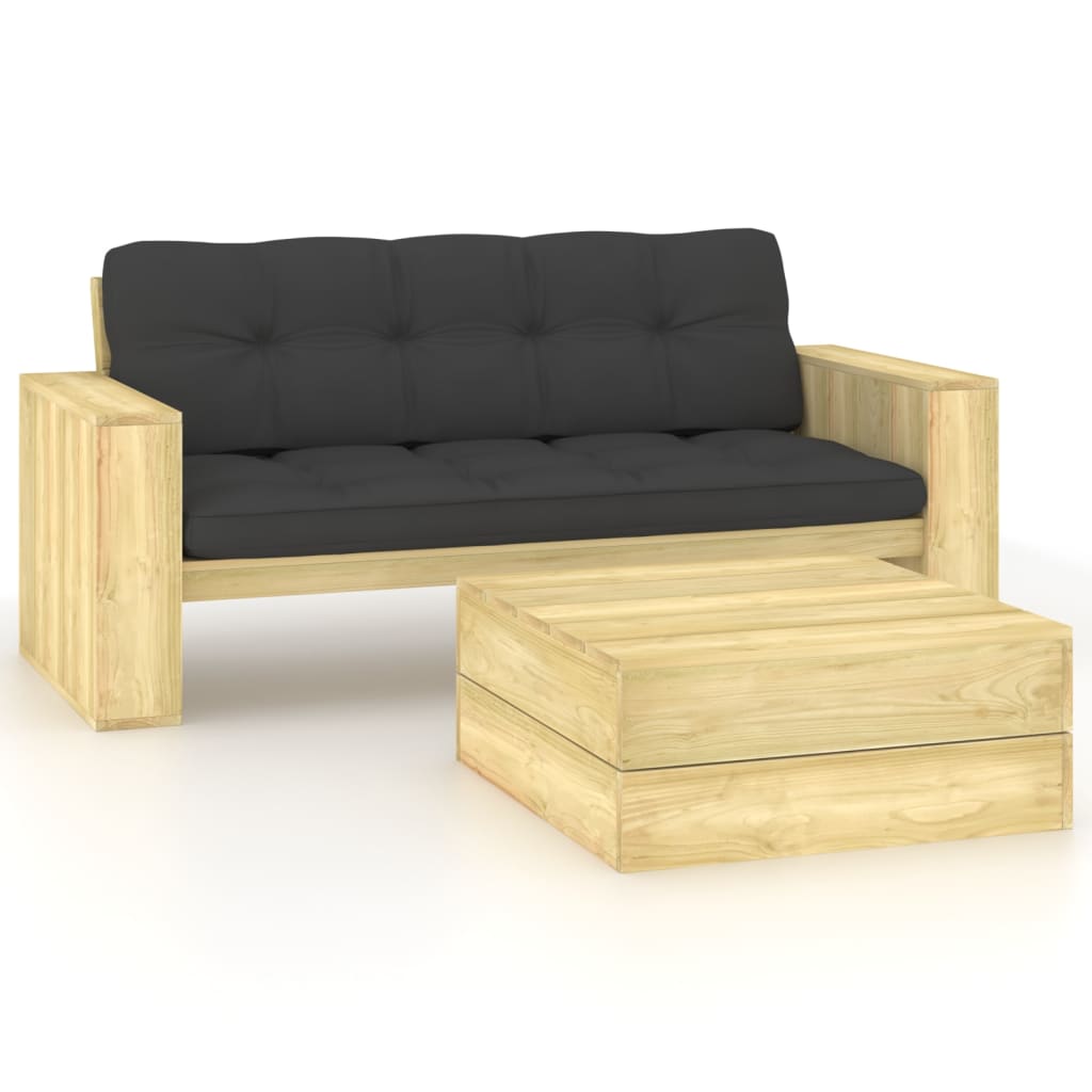 2 pcs conjunto lounge de jardim com almofadões pinho impregnado