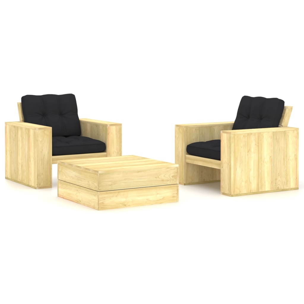 3 pcs conjunto lounge de jardim com almofadões pinho impregnado