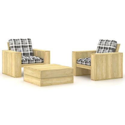 3 pcs conjunto lounge de jardim com almofadões pinho impregnado