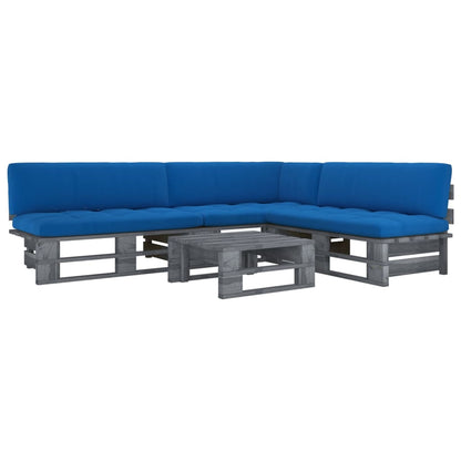 4 pcs conj. lounge paletes c/ almofadões pinho impregnado cinza