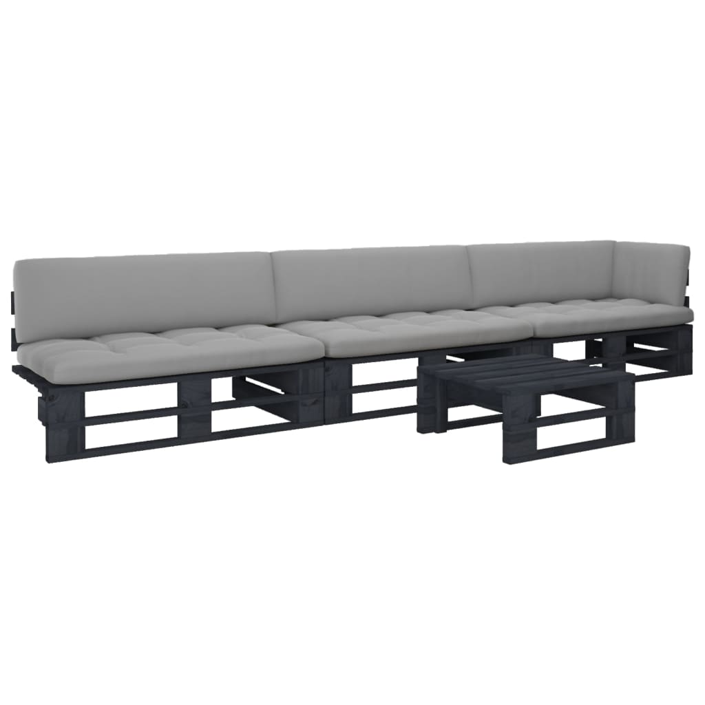 4 pcs conj. lounge paletes c/ almofadões pinho impregnado preto