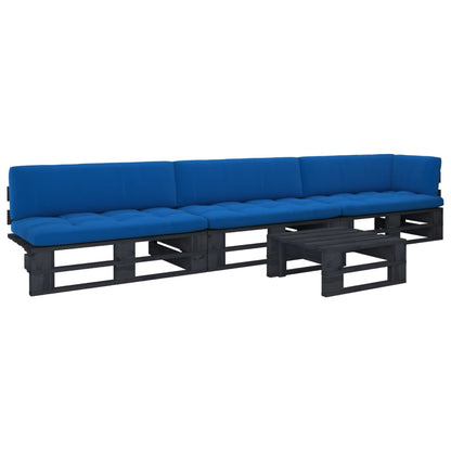 4 pcs conj. lounge paletes c/ almofadões pinho impregnado preto