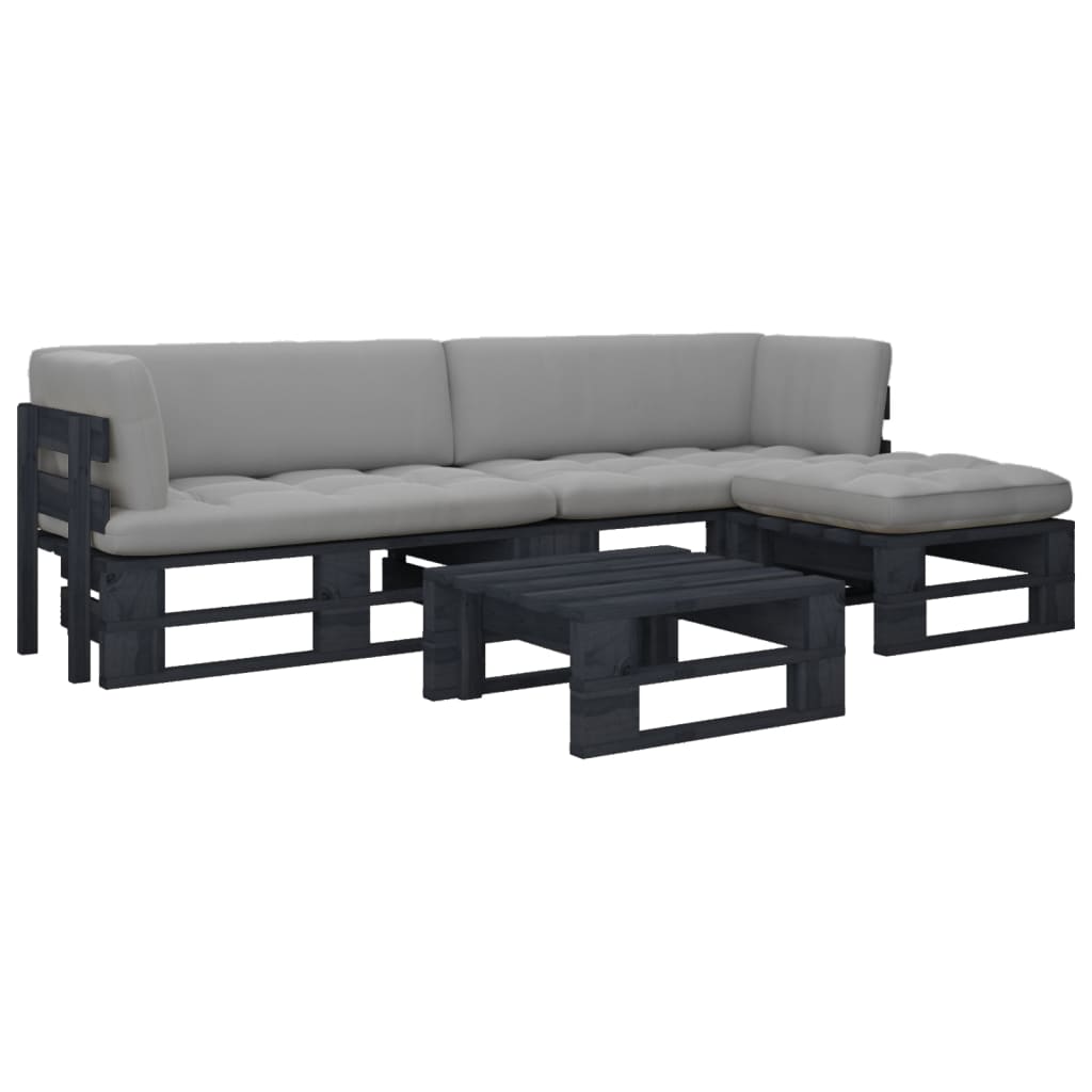 4 pcs conj. lounge paletes c/ almofadões pinho impregnado preto