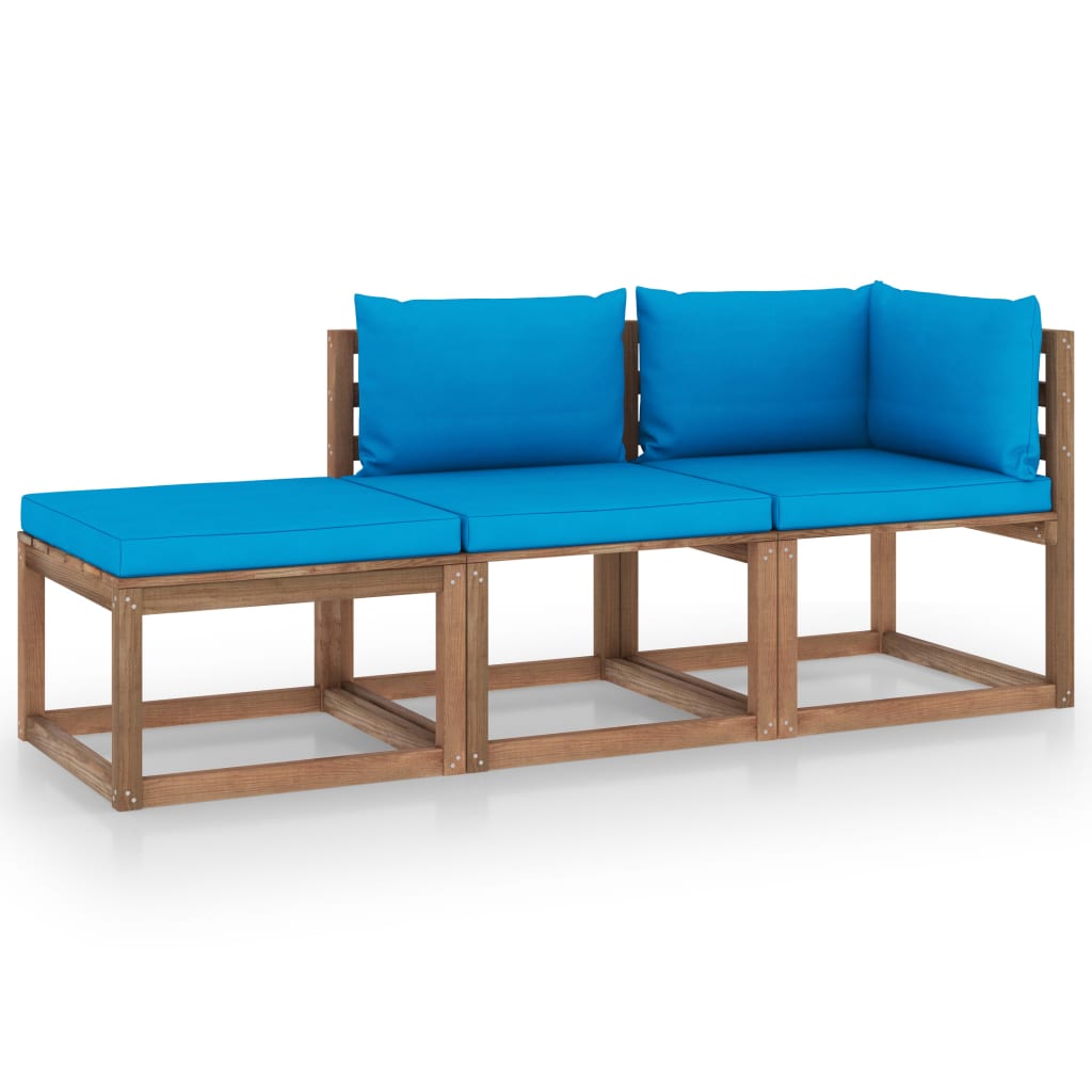 3 pcs conjunto lounge de paletes c/ almofadões pinho impregnado