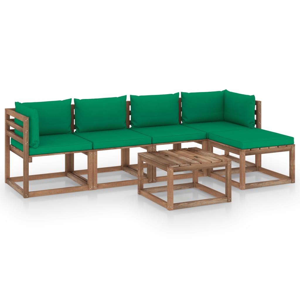 6 pcs conjunto lounge de jardim c/ almofadões verdes