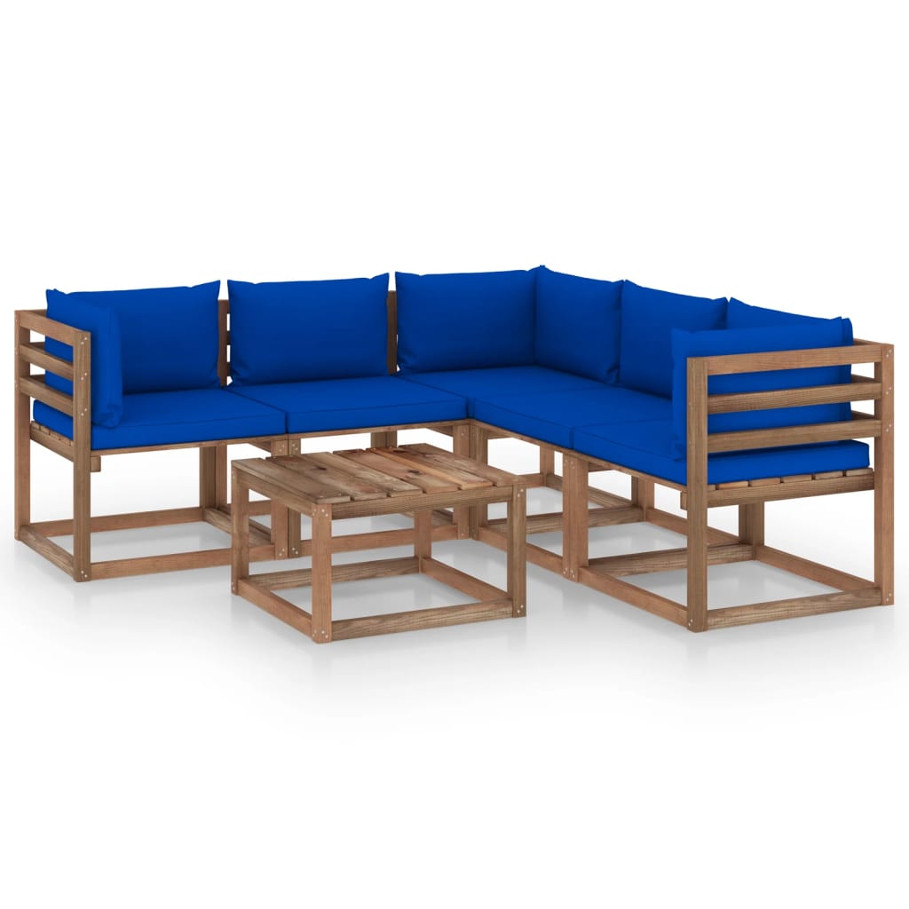 6 pcs conjunto lounge de jardim c/ almofadões azuis pinho