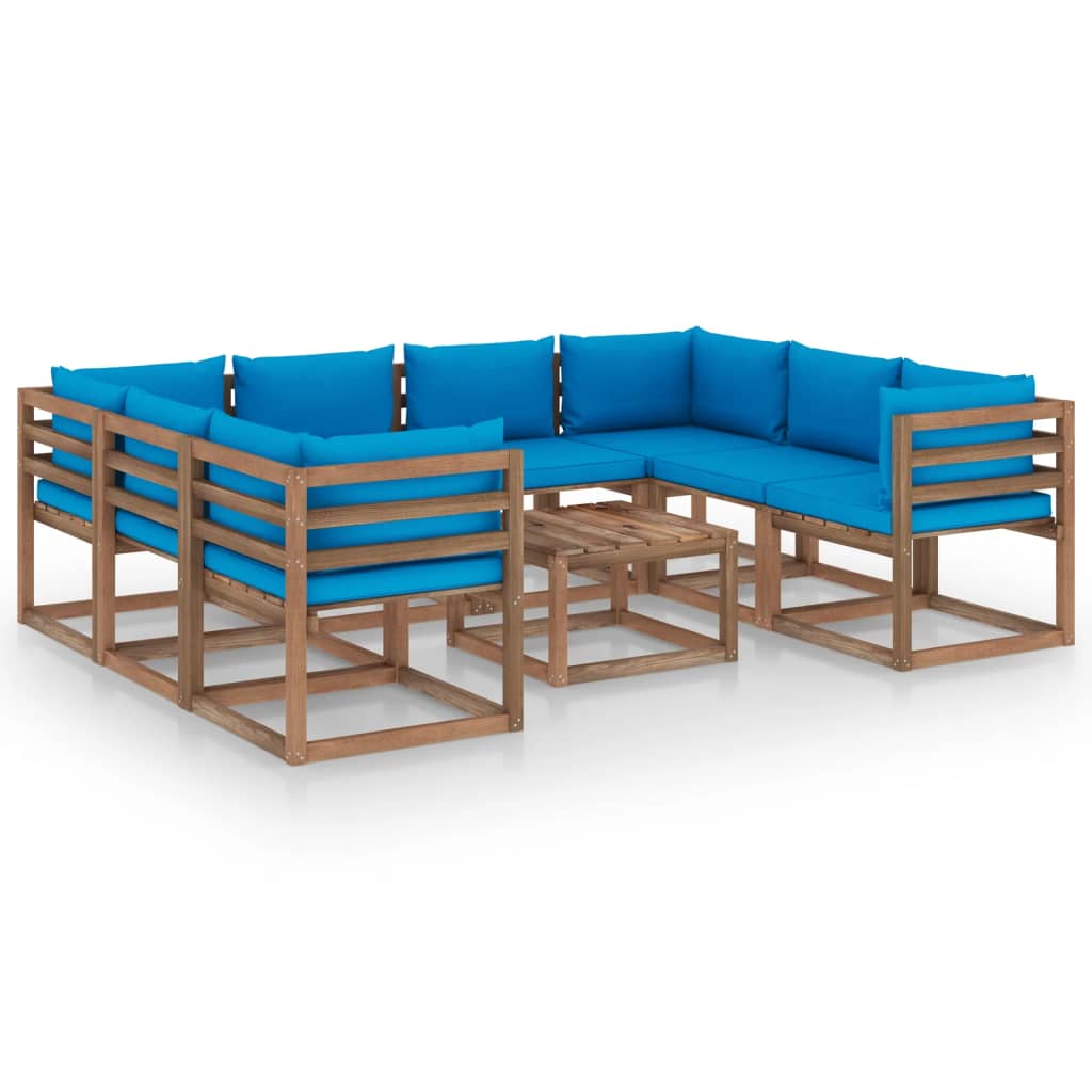 9 pcs conjunto lounge de jardim c/ almofadões azuis