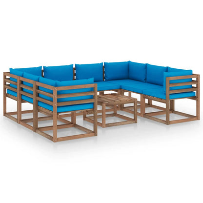 9 pcs conjunto lounge de jardim c/ almofadões azuis