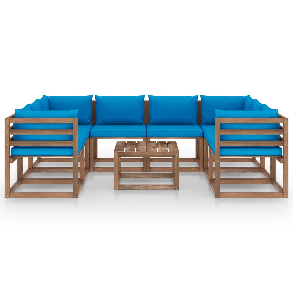 9 pcs conjunto lounge de jardim c/ almofadões azuis