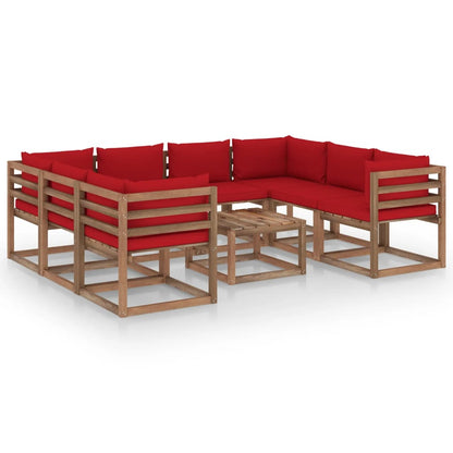 9 pcs conjunto lounge de jardim c/ almofadões vermelhos