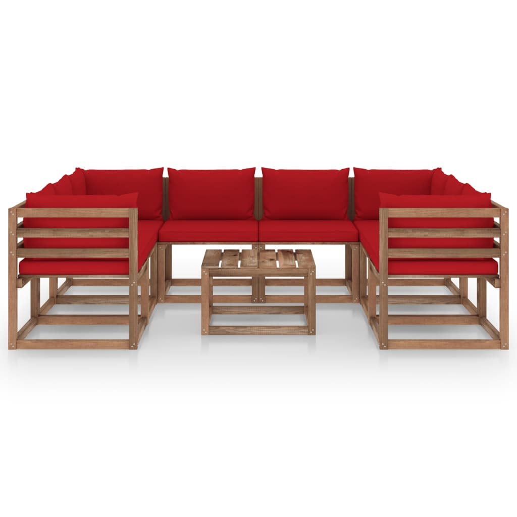 9 pcs conjunto lounge de jardim c/ almofadões vermelhos