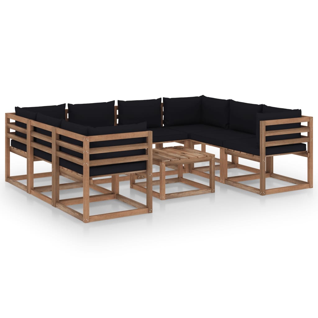 9 pcs conjunto lounge de jardim com almofadões pretos