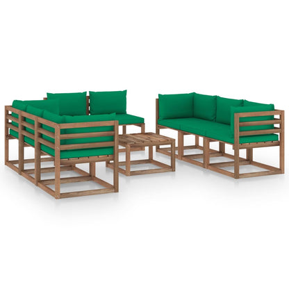 9 pcs conjunto lounge para jardim com almofadões verdes