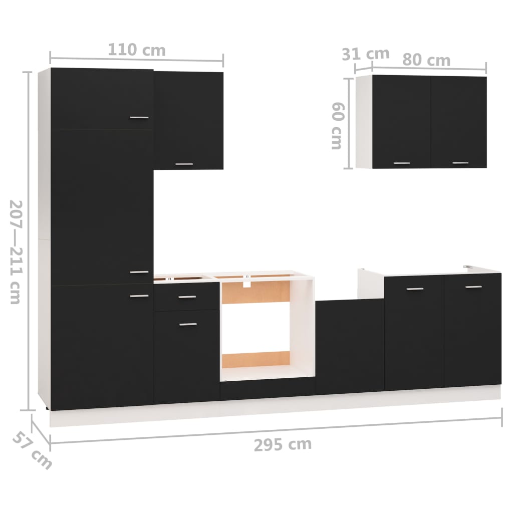 7 pcs conjunto armários de cozinha contraplacado preto