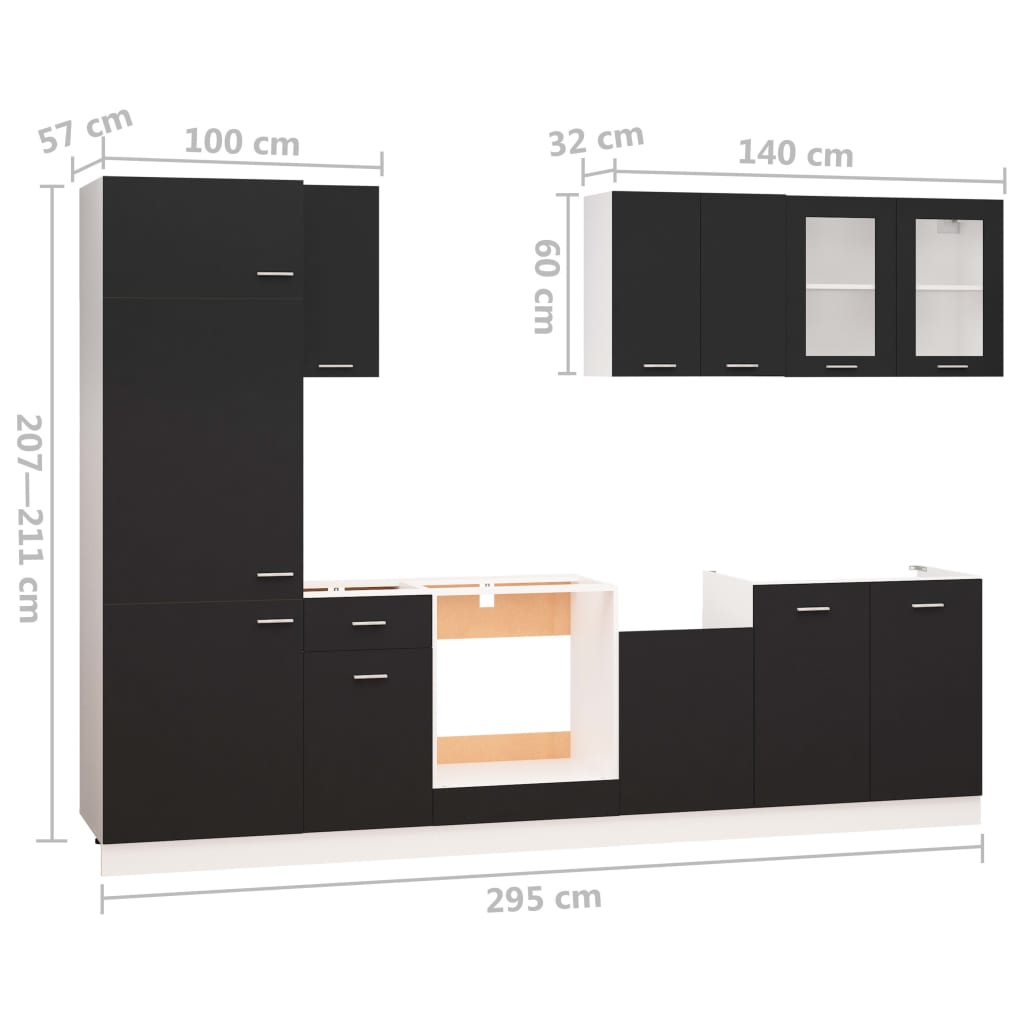 8 pcs conjunto armários de cozinha contraplacado preto