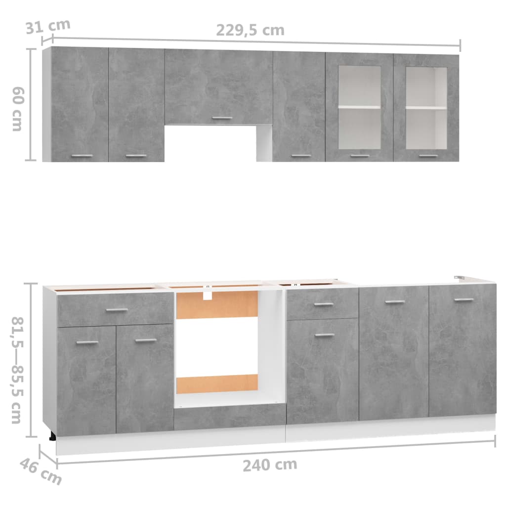 8 pcs conj. armários de cozinha contraplacado cinzento cimento