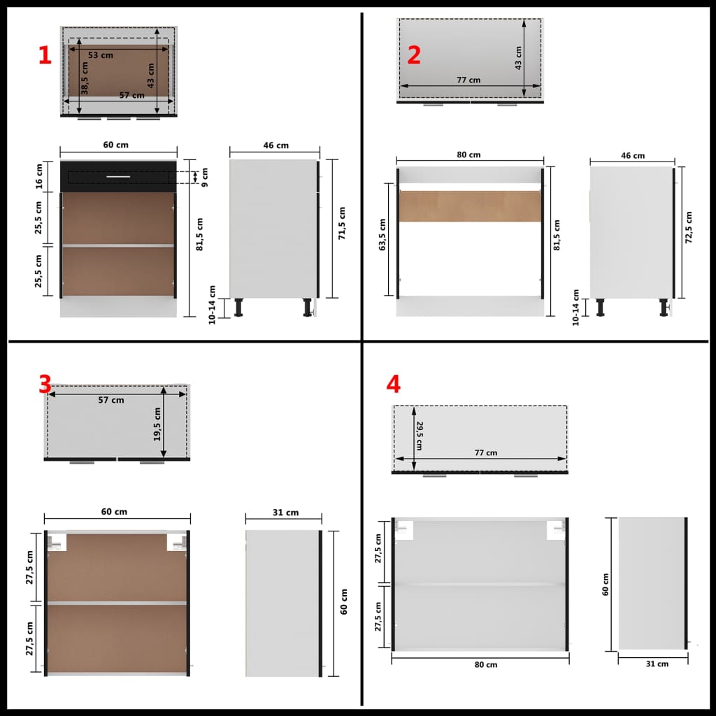 4 pcs conjunto armários de cozinha contraplacado preto