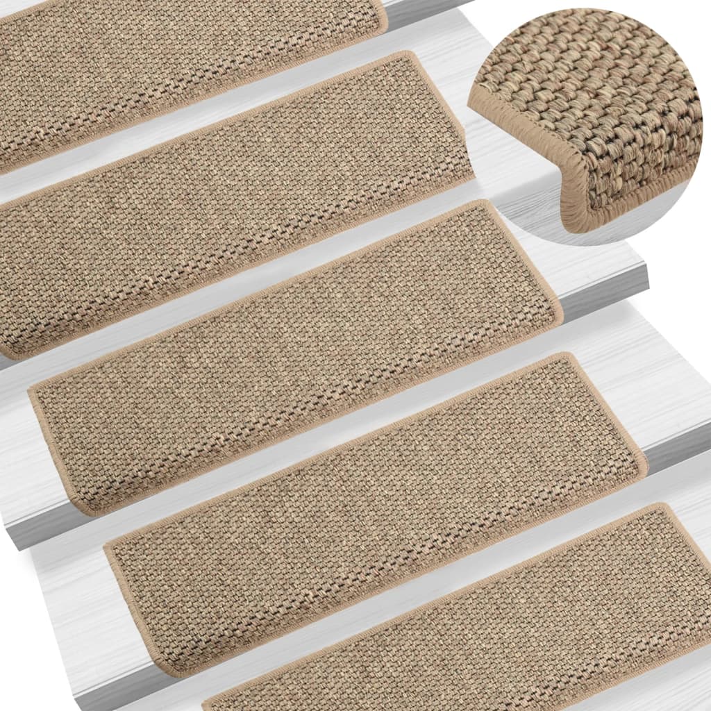 Tapetes escada adesivos aspeto sisal 15pcs 65x21x4 bege-escuro