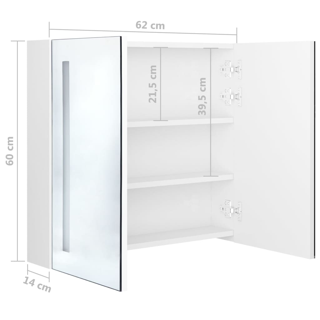 Armário espelhado casa de banho LED 62x14x60cm branco brilhante