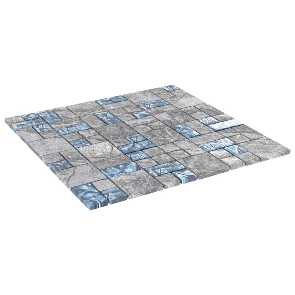 Ladrilhos mosaico 22 pcs 30x30cm vidro cinzento e azul