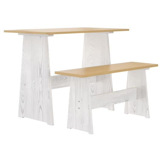 Mesa de jantar com banco pinho maciço castanho mel/branco