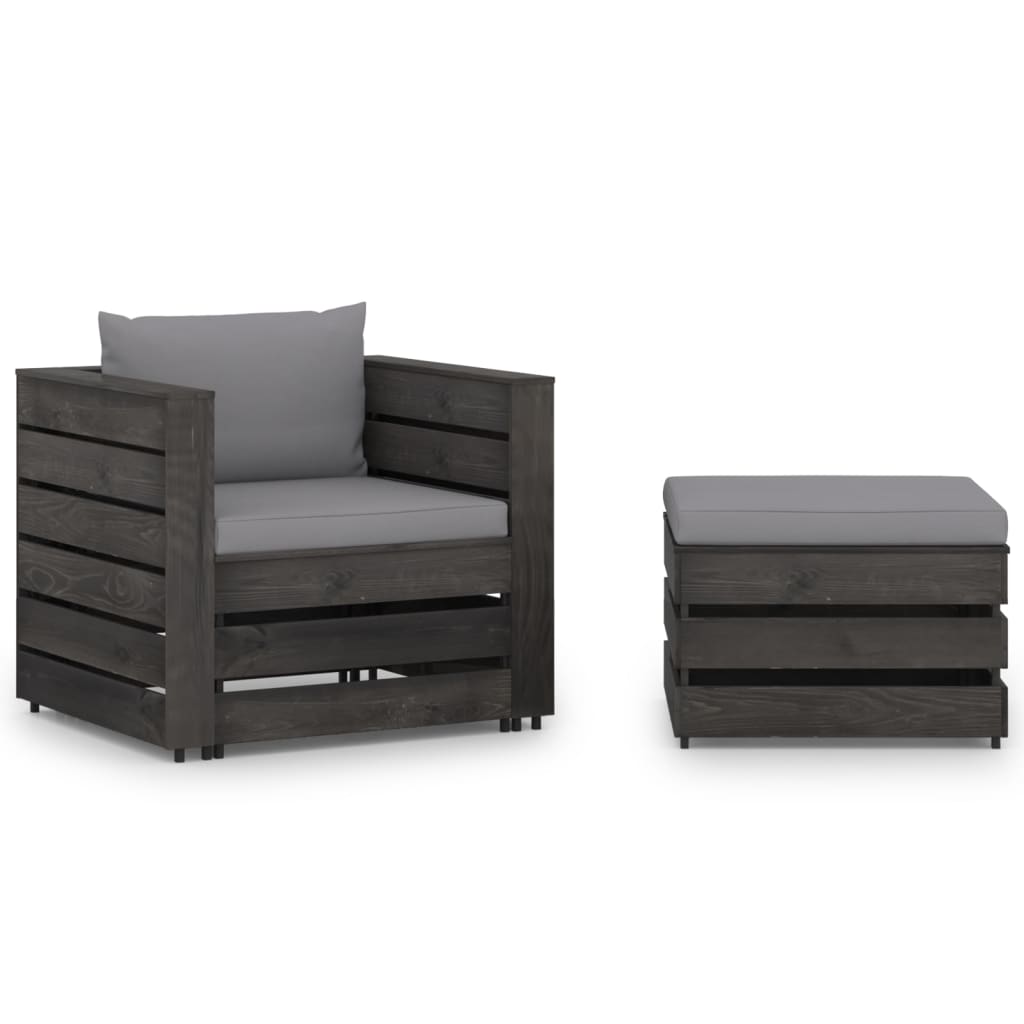 2 pcs conj. lounge jardim + almofadões madeira impreg. cinzento