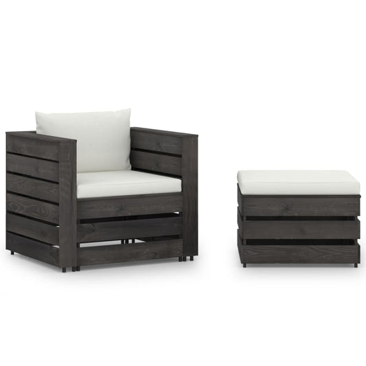 2 pcs conj. lounge jardim + almofadões madeira impreg. cinzento