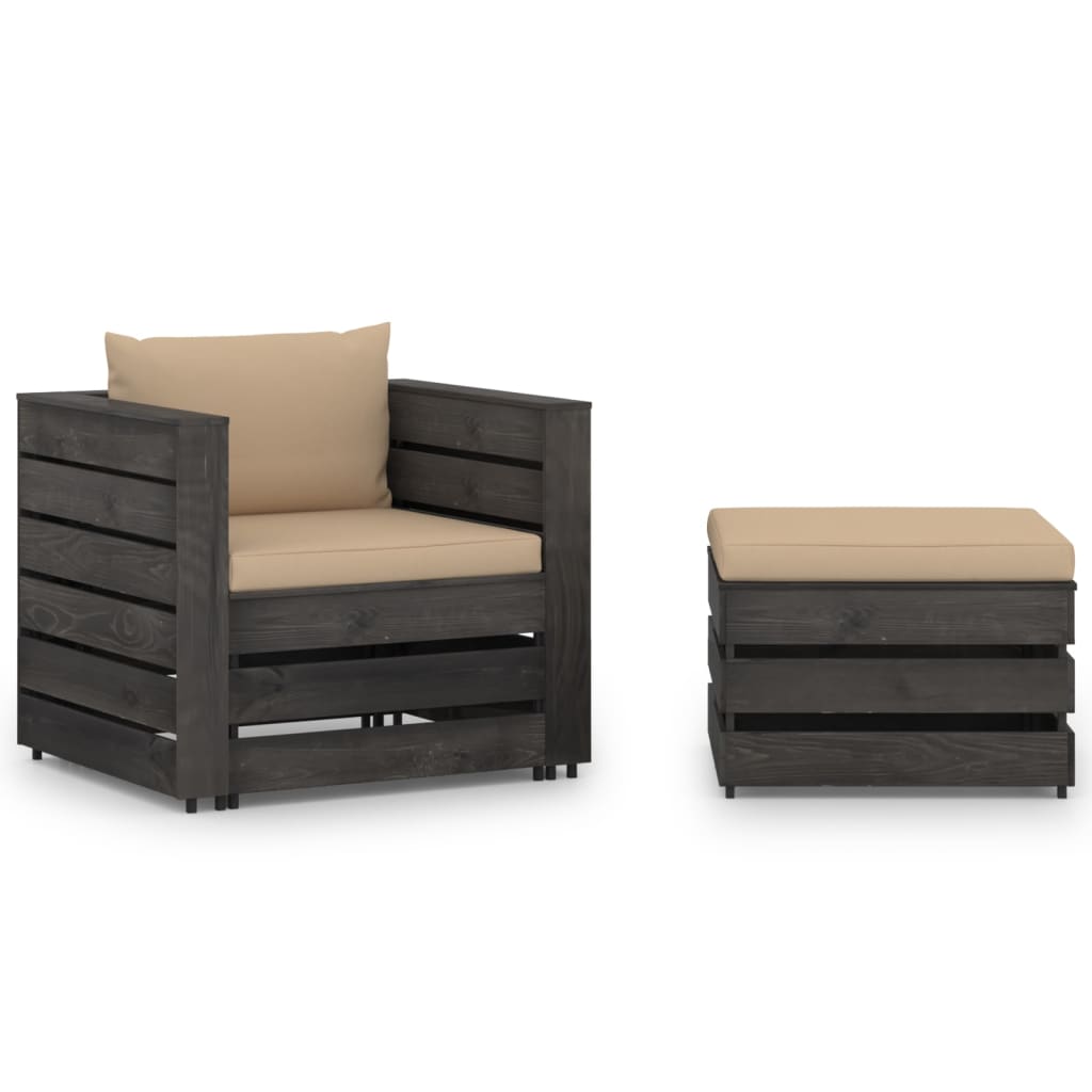 2 pcs conj. lounge jardim + almofadões madeira impreg. cinzento