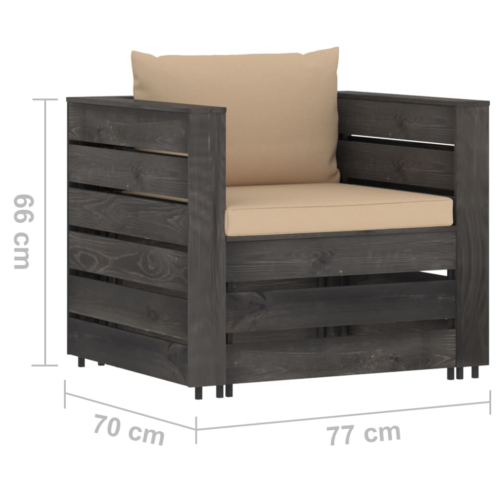 2 pcs conj. lounge jardim + almofadões madeira impreg. cinzento