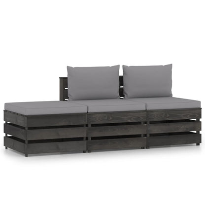 3 pcs conj. lounge jardim + almofadões madeira impreg. cinzento