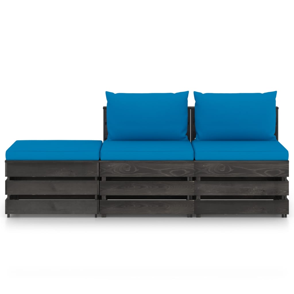 3 pcs conj. lounge jardim + almofadões madeira impreg. cinzento