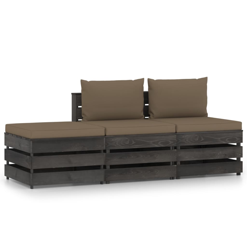 3 pcs conj. lounge jardim + almofadões madeira impreg. cinzento