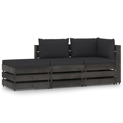 3 pcs conj. lounge jardim + almofadões madeira impreg. cinzento