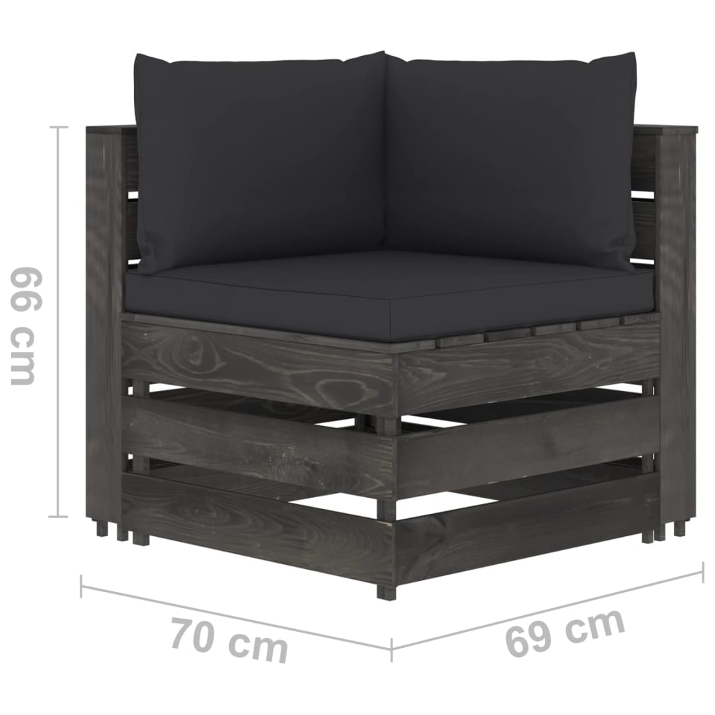 3 pcs conj. lounge jardim + almofadões madeira impreg. cinzento