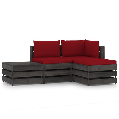 4 pcs conj. lounge jardim + almofadões madeira impreg. cinzento