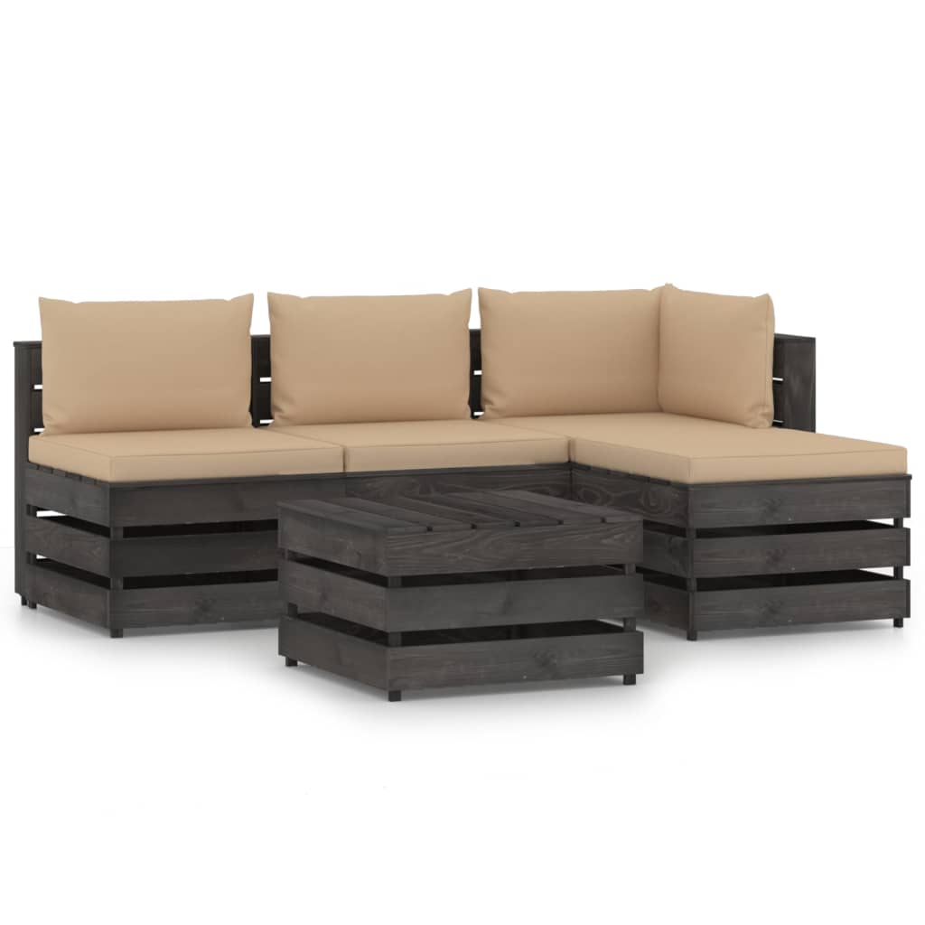 5 pcs conj. lounge jardim + almofadões madeira impreg. cinzento